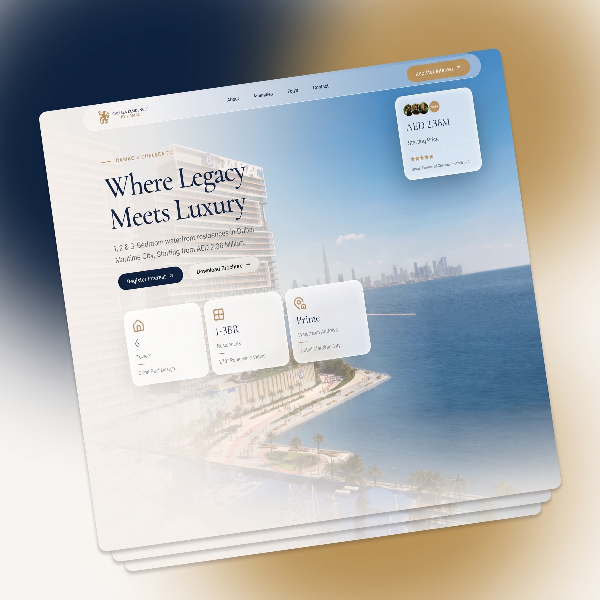 Chelsea Residences by DAMAC waterfront property landing page shown on a tablet, featuring a Dubai skyline render