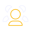 Ícone que representa um grupo de pessoas ou uma comunidade, representado com silhuetas estilizadas e elementos circulares.