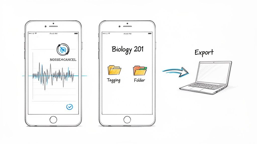 A smartphone app records with noise cancellation, organizes files, and exports to a laptop.