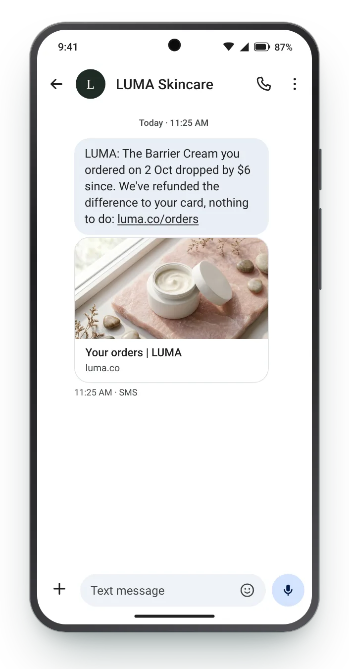 The difference, already refunded price drop text on an Android phone