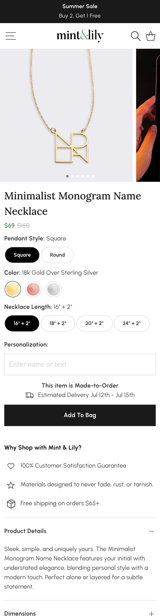 Jewelry product options include: necklace for Minimalist Monogram Name Necklace from Mint & Lily.
