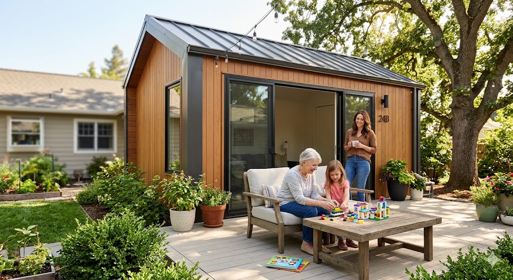 A detached modular granny flat in Florida providing private senior care housing for a multigenerational family
