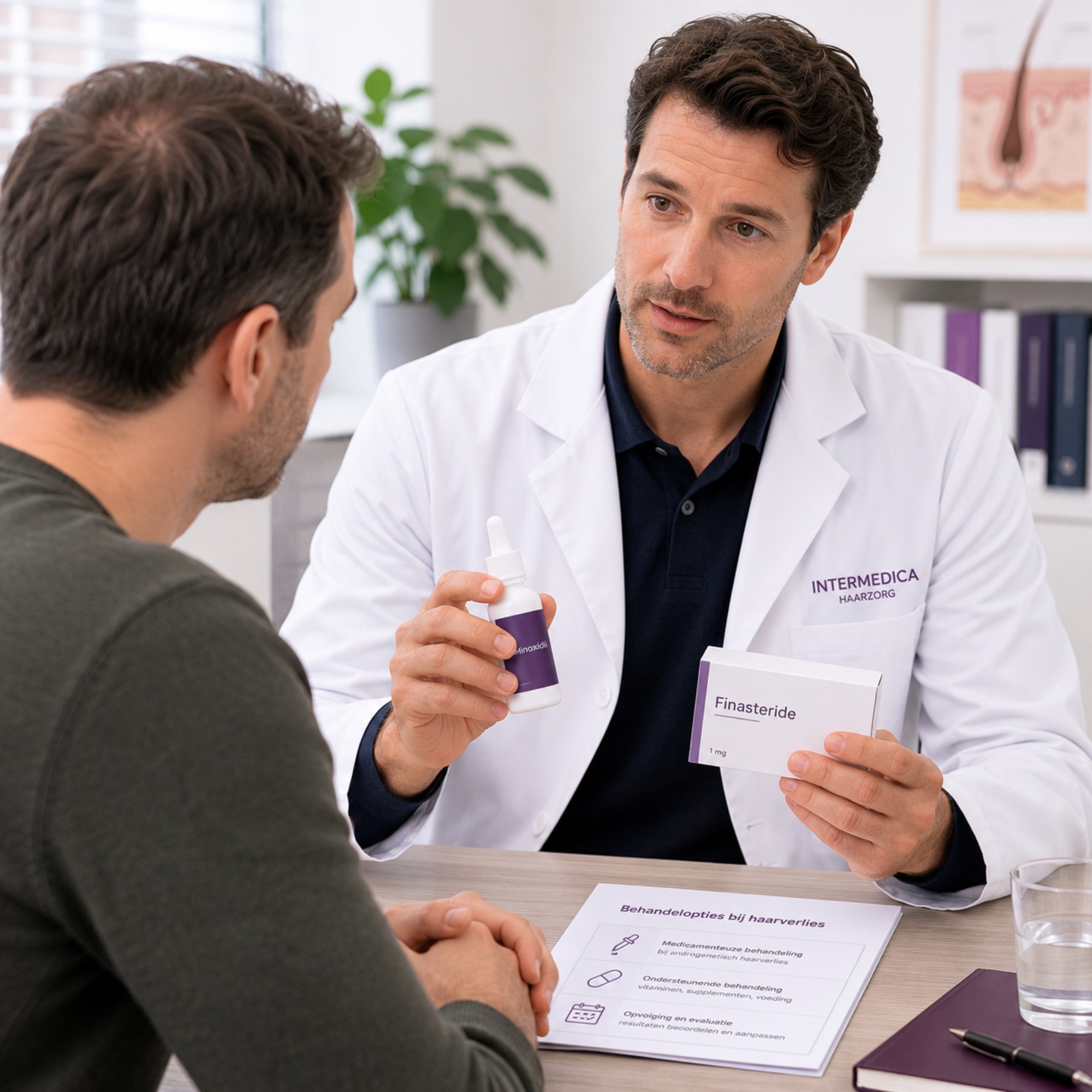 Haardokter bespreekt mogelijke medicamenteuze behandeling bij haarverlies met een patiënt tijdens een medisch consult.