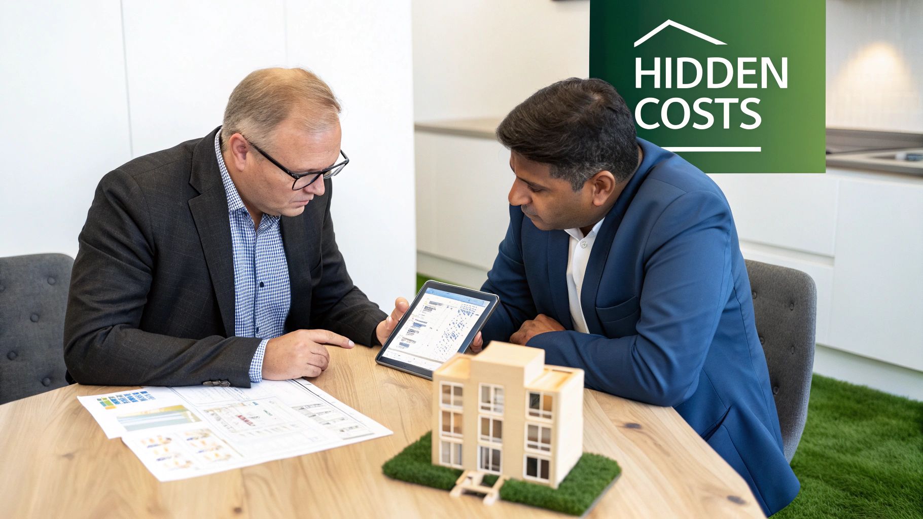 Two men discuss building plans and hidden costs using a tablet, blueprints, and a model.
