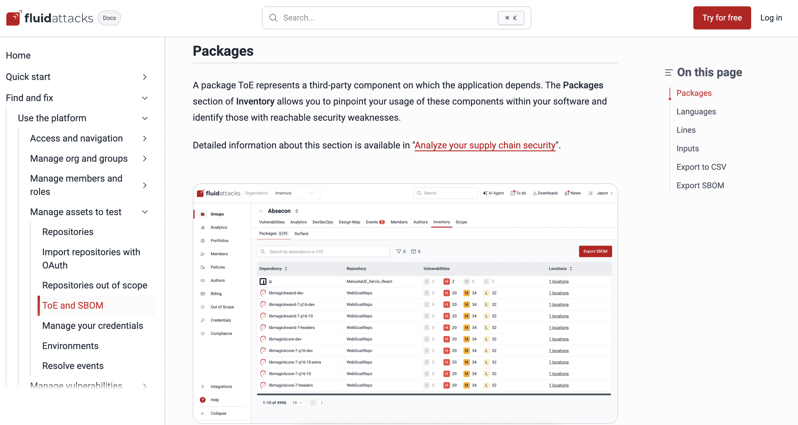 Botão Export SBOM na seção Packages da plataforma da Fluid Attacks