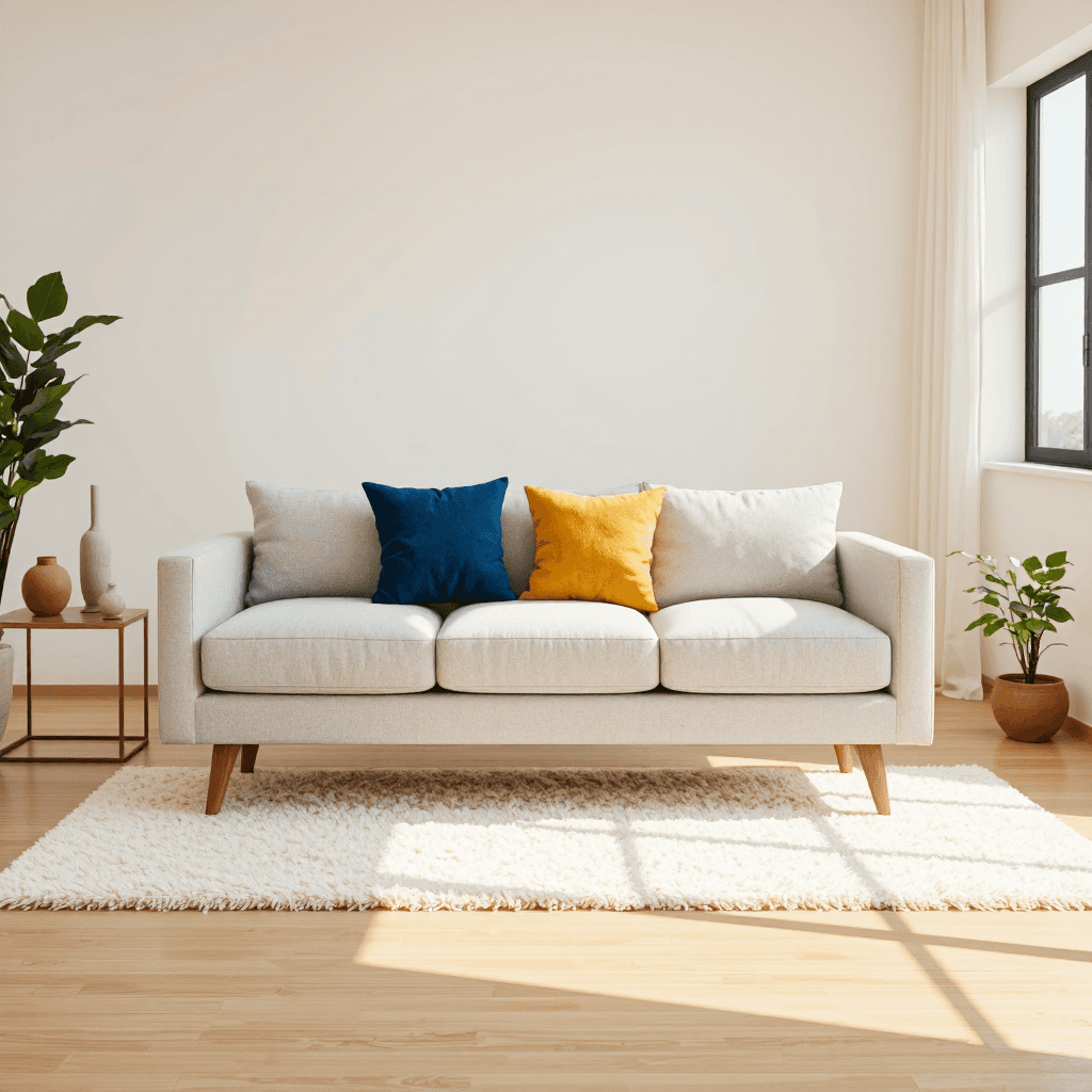 product photography of a modern sofa with decorative cushions