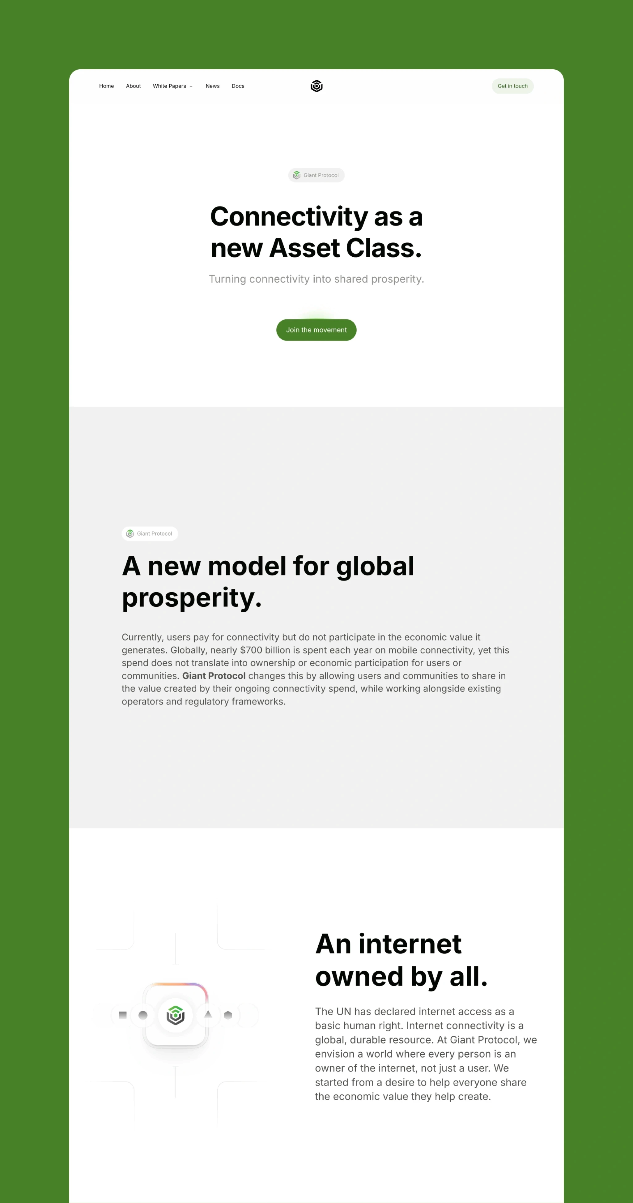 Giant Protocol landing page explaining shared ownership of internet connectivity