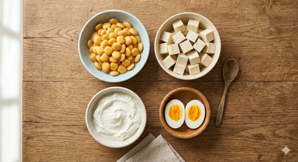 A top-down photograph of four bowls arranged on a wooden table, containing high-protein vegetarian foods: cooked lupini beans, cubed extra-firm tofu, plain Greek yogurt, and two hard-boiled egg halves. A wooden spoon and a linen napkin are placed nearby under soft natural lighting.