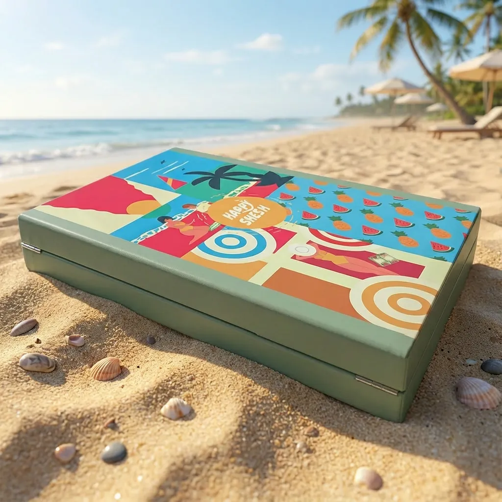 The closed "Happy Shesh" backgammon box featuring a green lid with geometric and colorful custom illustrations.