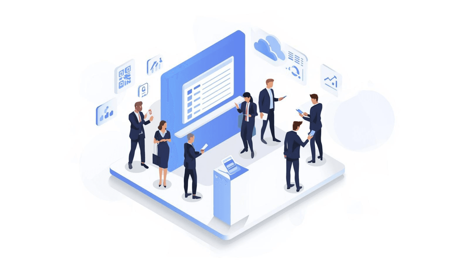 Vector illustration of professionals networking at a 2026 trade show using QR badge scanning and digital business cards