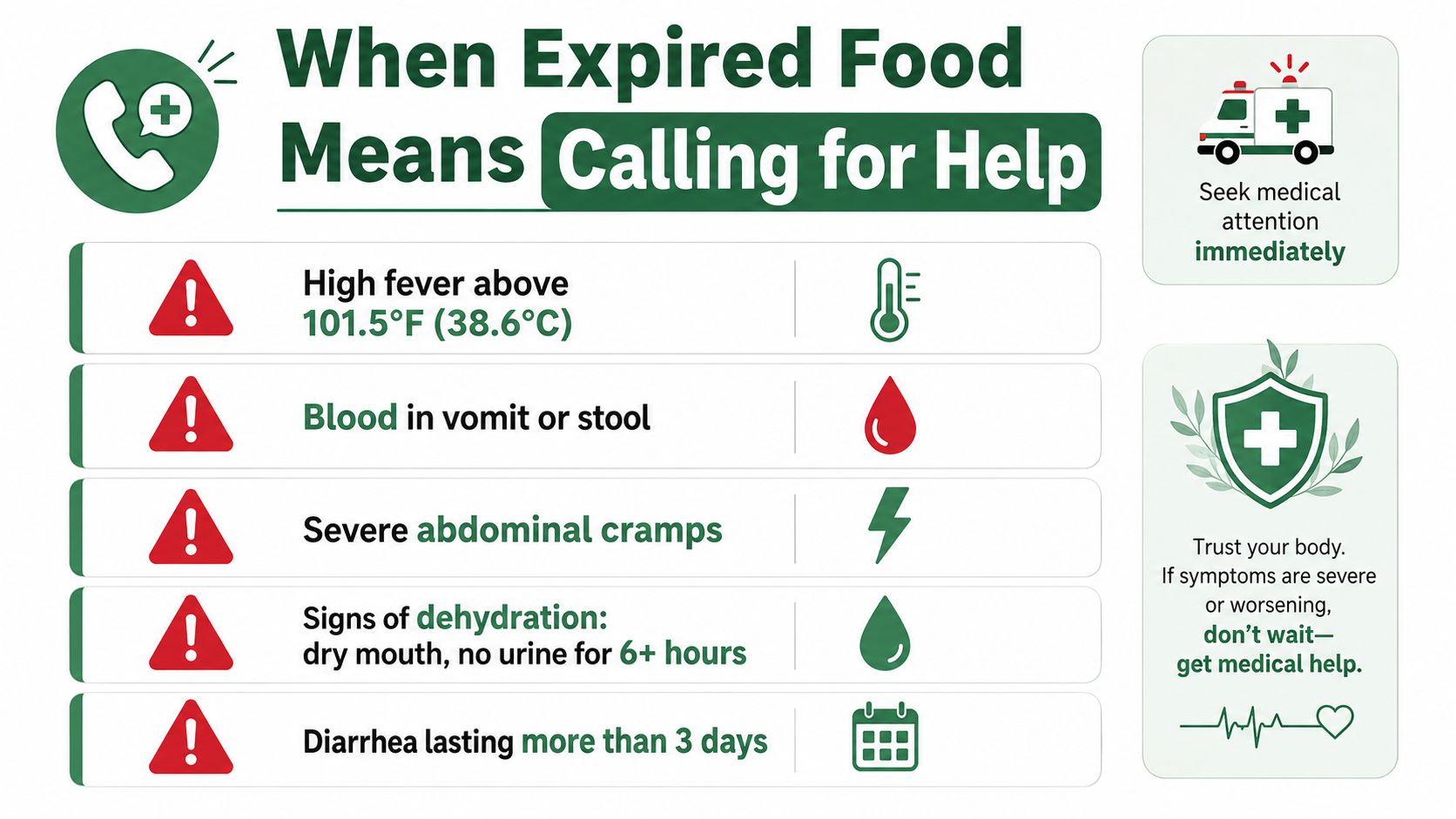 A health infographic detailing symptoms of food poisoning that require immediate medical attention from a doctor.