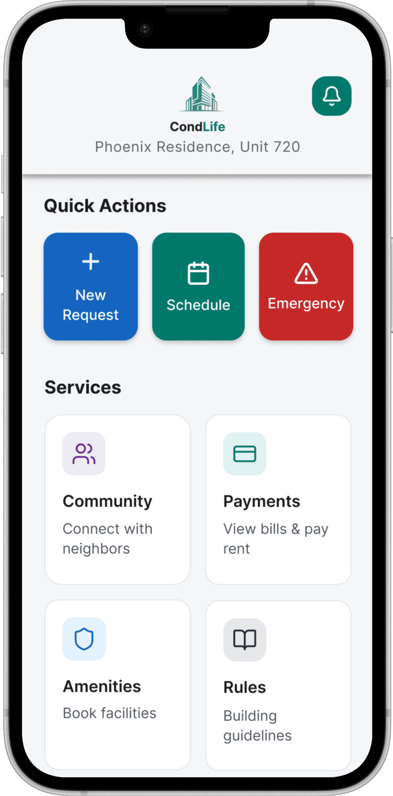 CondLife mobile app home screen with quick actions and residential management services.