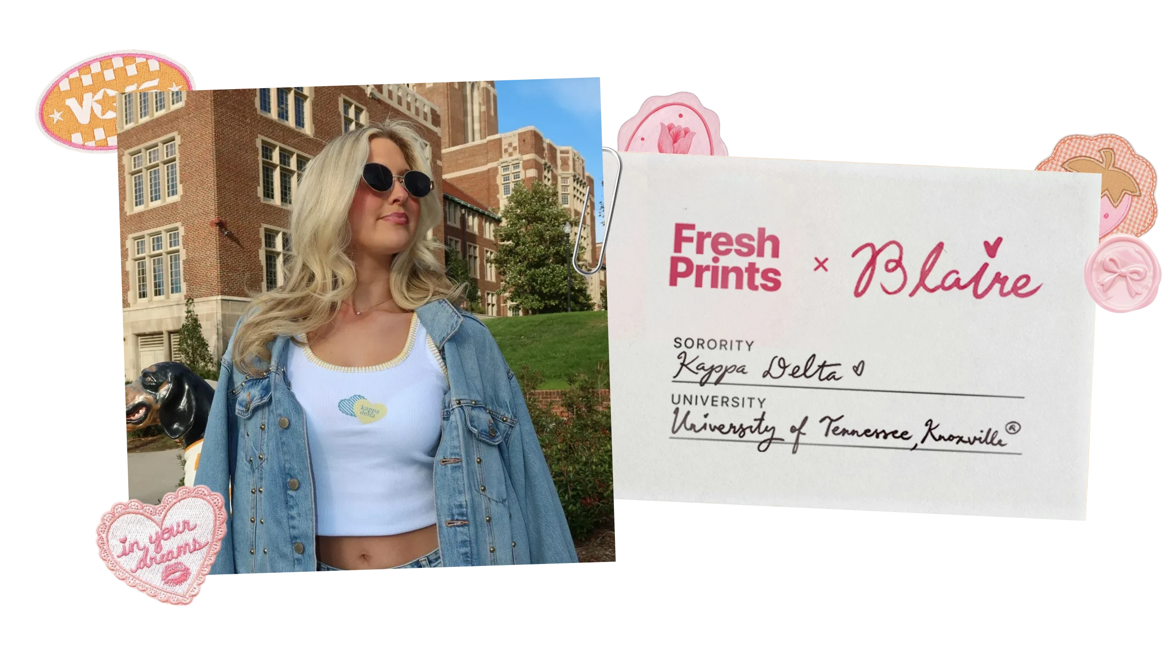 Outdoor photo of a person on campus wearing a white Kappa Delta tank and denim jacket, alongside a “Fresh Prints × Blaire” card listing Kappa Delta and University of Tennessee, Knoxville.