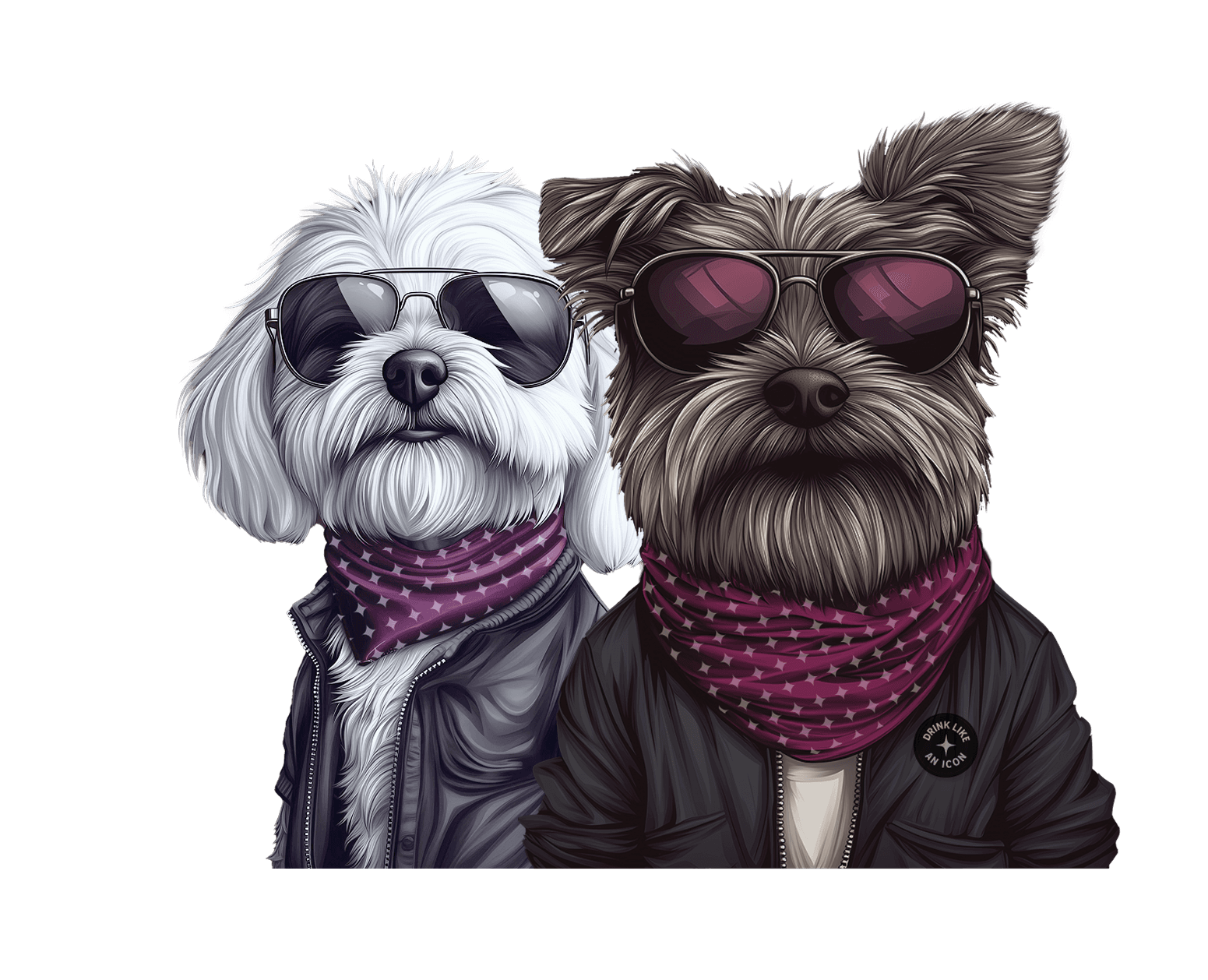 Two small dogs wearing sunglasses and bandanas, styled with a confident, human-like attitude