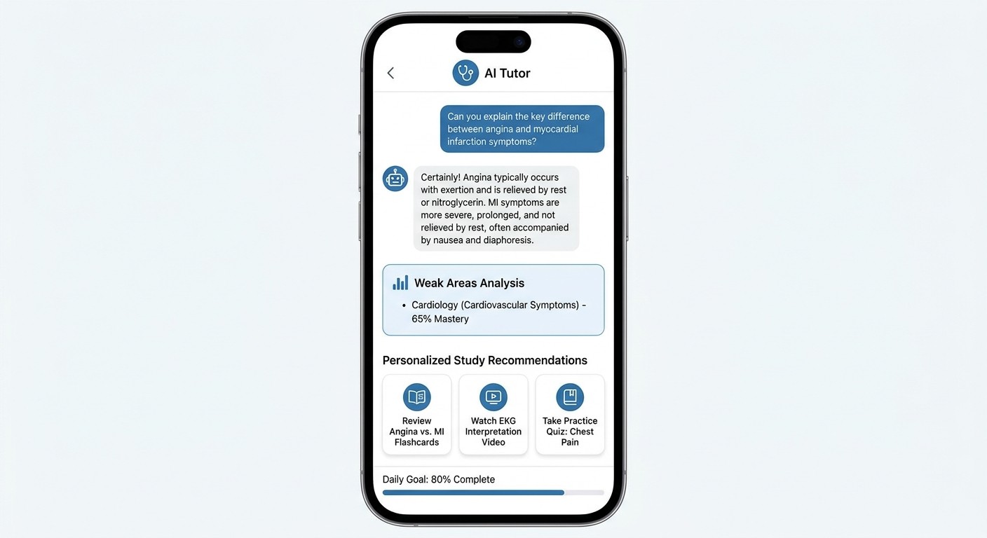 AI tutor interface showing explanation chat and targeted practice recommendations