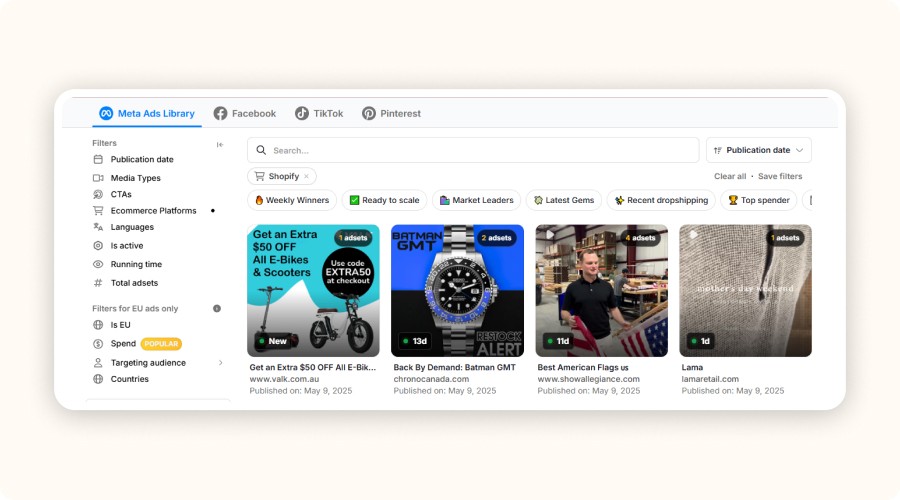 Minea interface showing top-performing e-commerce ads from Meta Ads Library, with Shopify and dropshipping filters.