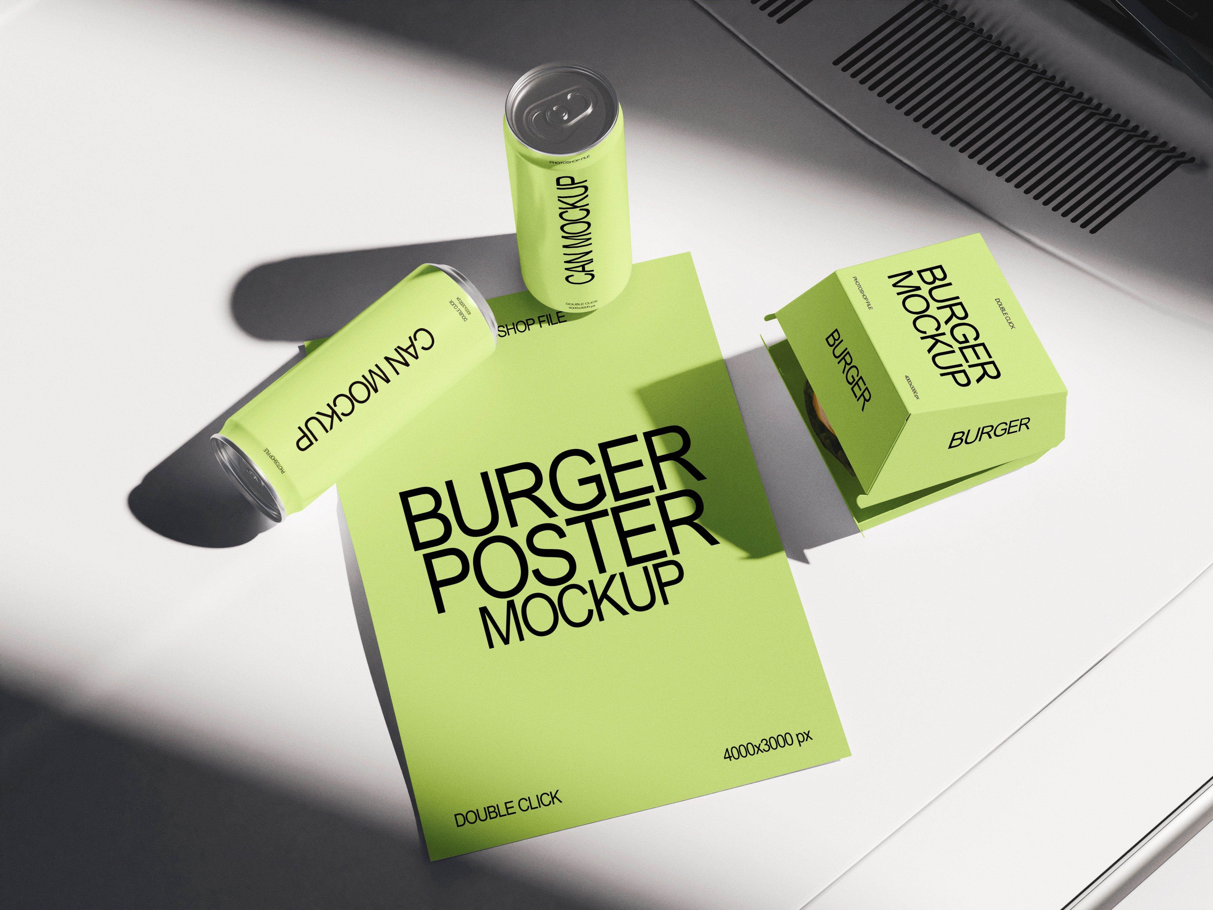 Neon green burger brand mockup with cans, burger box, and poster on a white table.