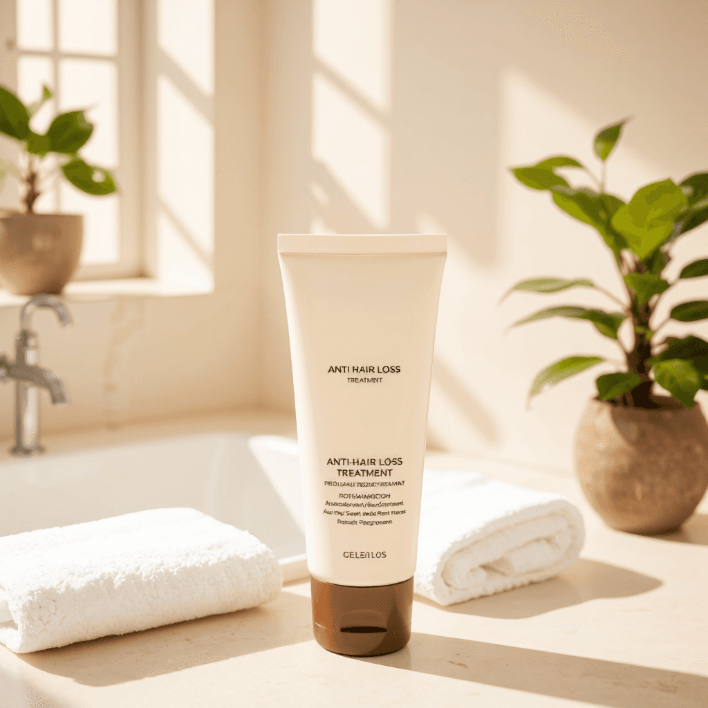 product photography of tube of anti-hair loss treatment