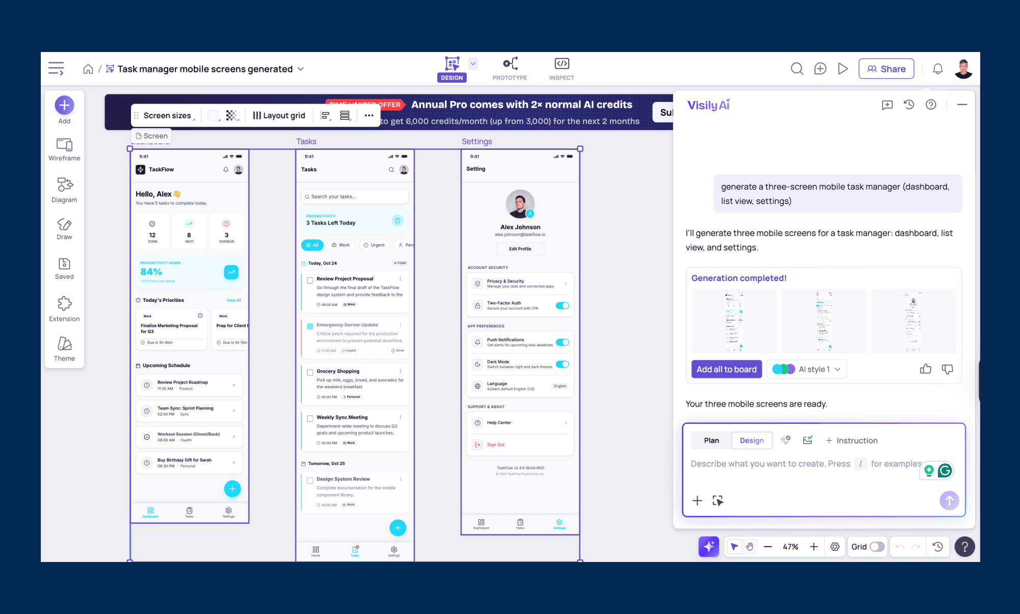 Visily AI workflow: generating three screens for app prototype
