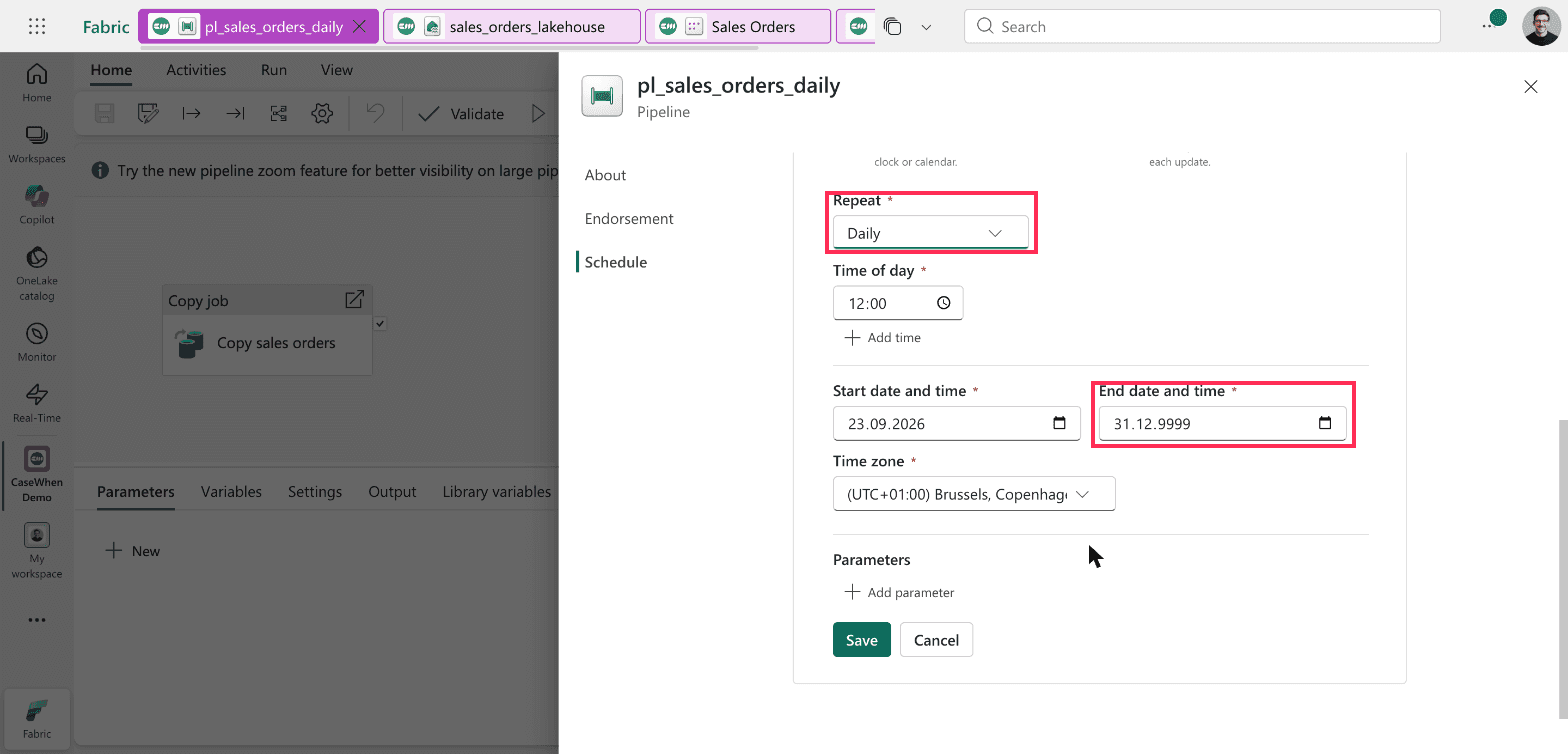 Add schedule form with Repeat set to Daily, Time of day 12:00, and End date and time 31.12.9999, with Repeat and the end date outlined
