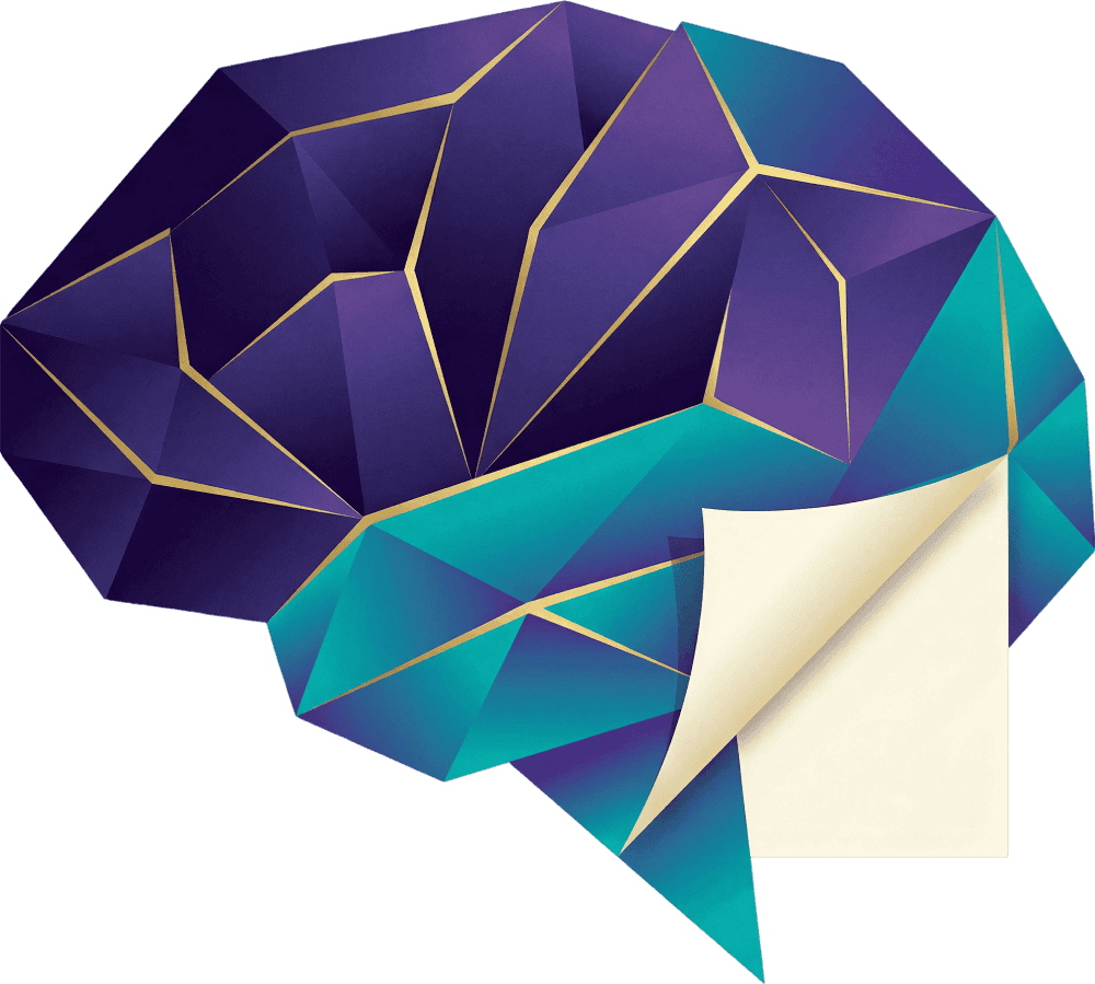 Neurogami Games Logo, stylized brain made from origami, purple and cyan