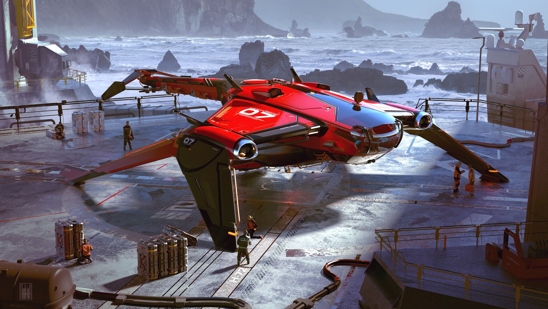 A futuristic red spacecraft labeled "07" is stationed on a coastal landing pad. Several figures are seen working around it. The background features rocky cliffs and crashing waves. The scene has an industrial, sci-fi aesthetic.