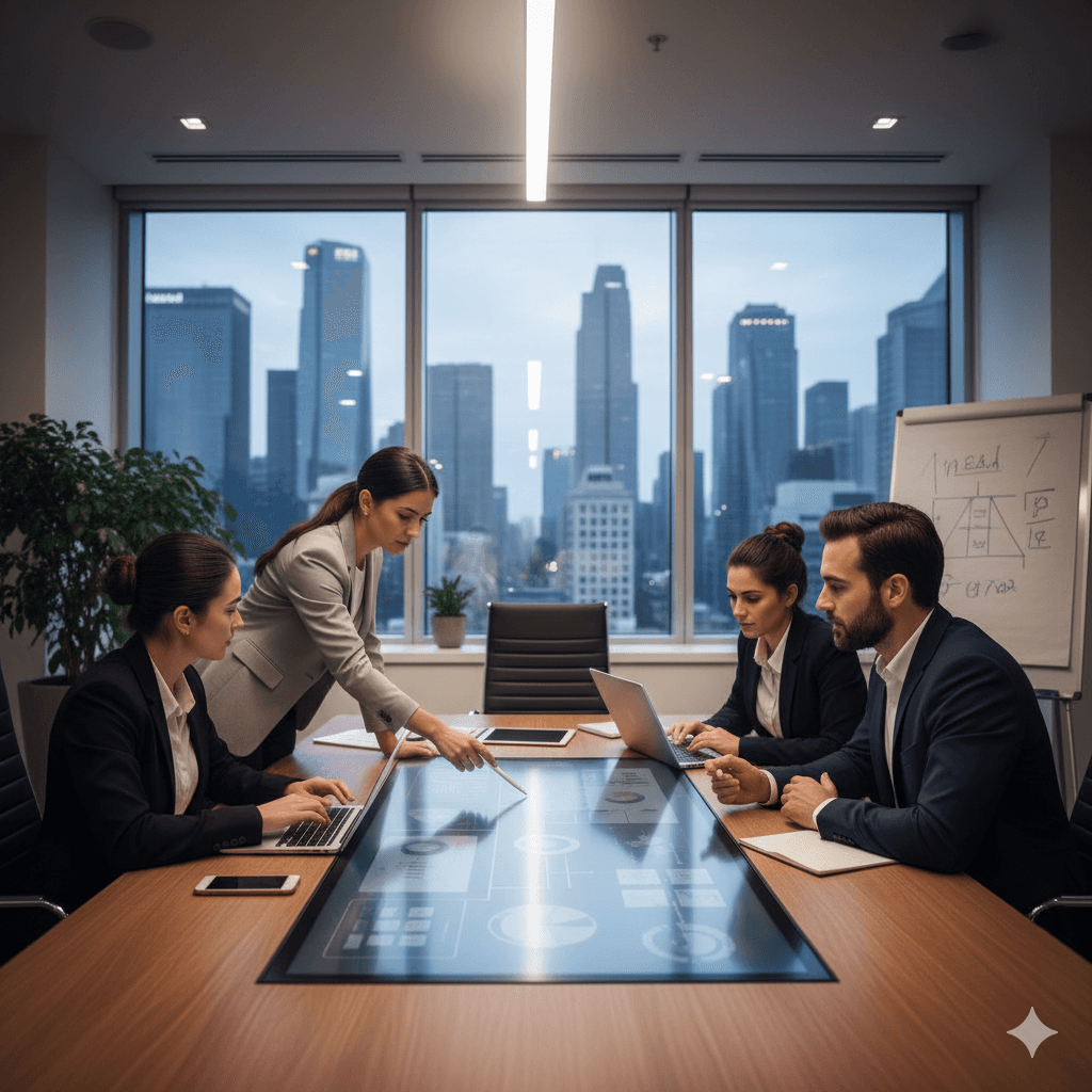 men and women sitting and standing while staring at laptop