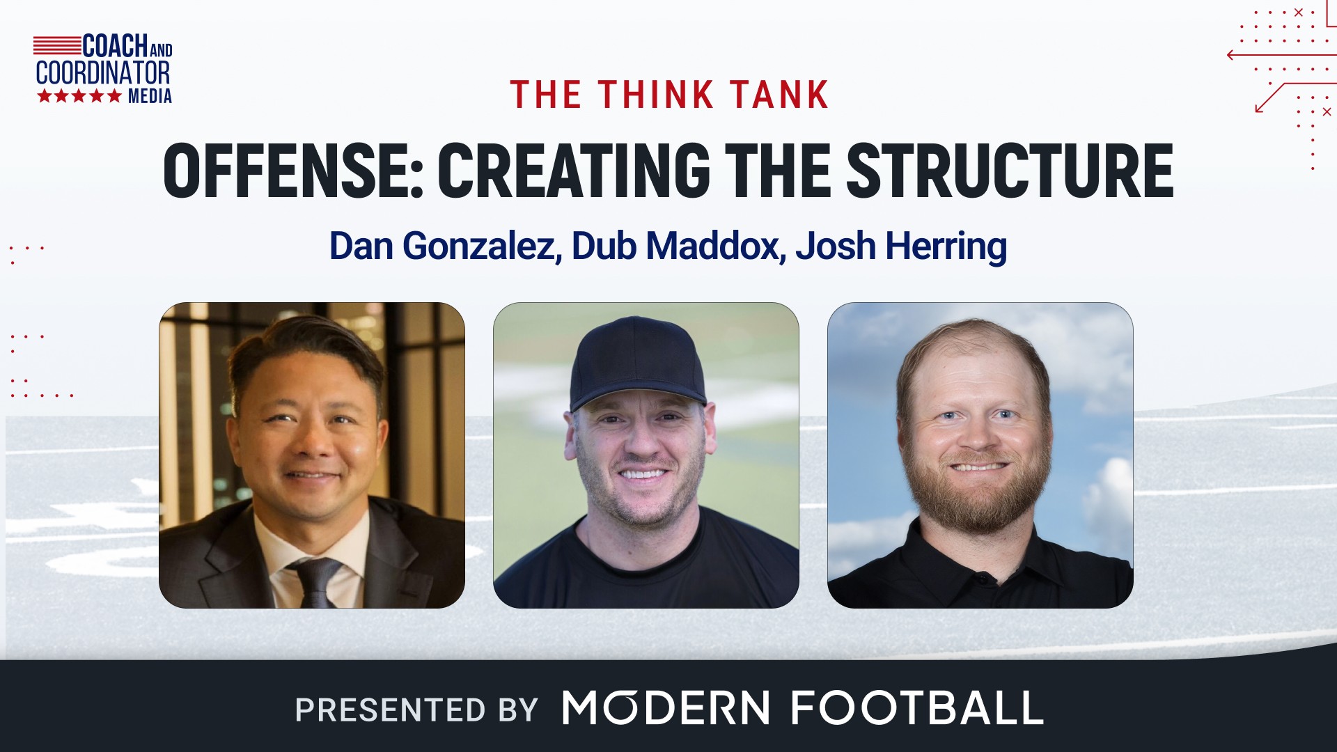 Think Tank episode featuring Dan Gonzalez, Josh Herring, and Dub Maddox — podcast on offensive structure and play design, presented by Modern Football Technology