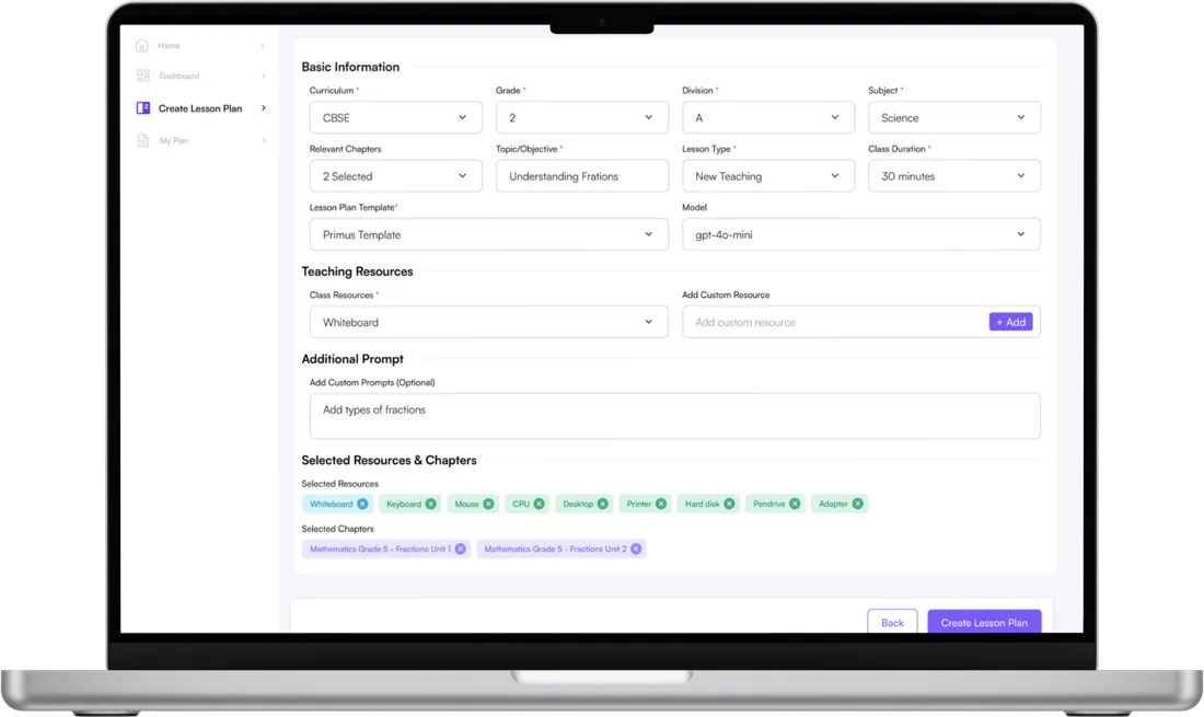 EasyPlan lesson plan creation form on a laptop