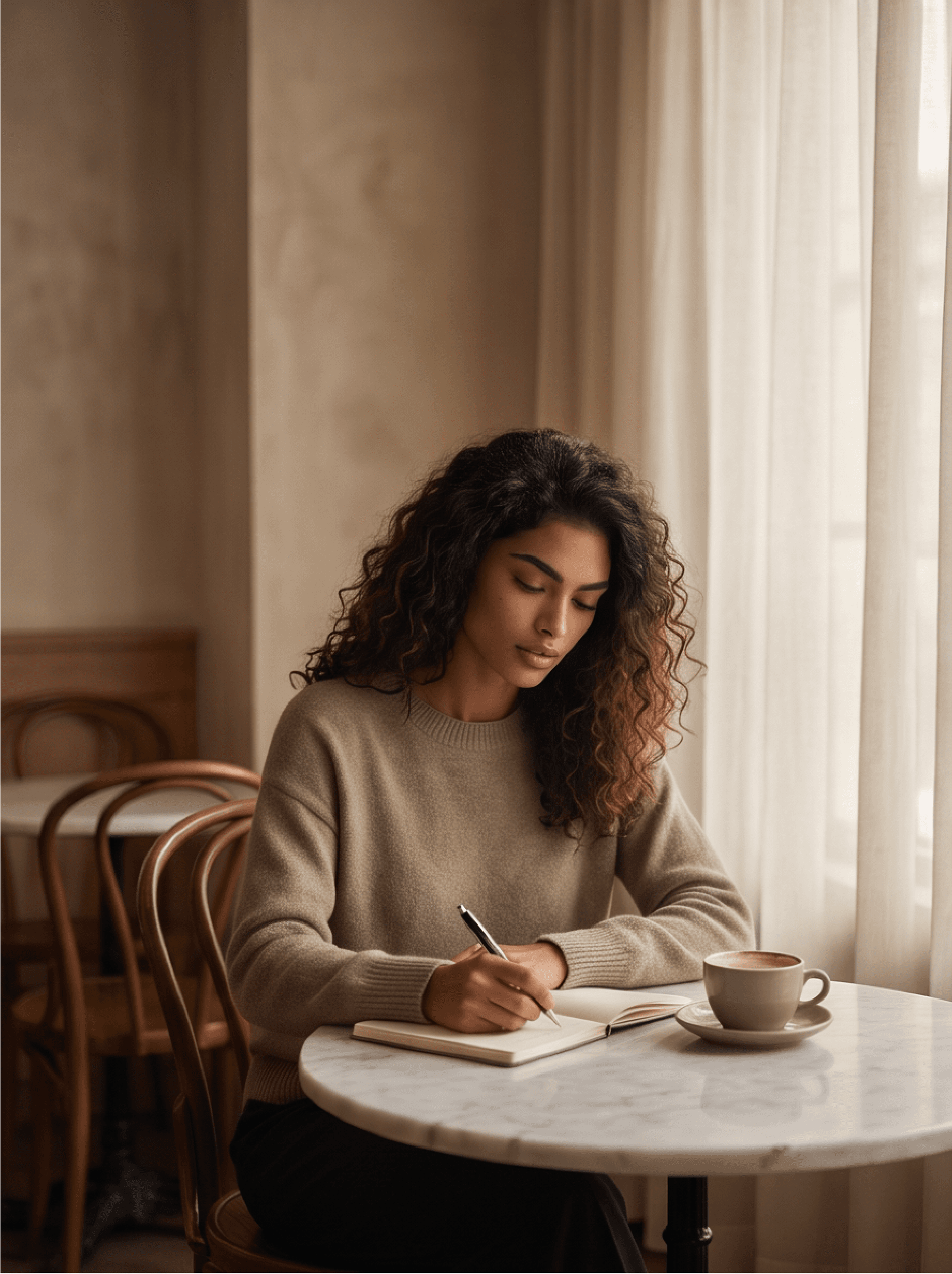 Alex Rey writing notes in a Lisbon café
