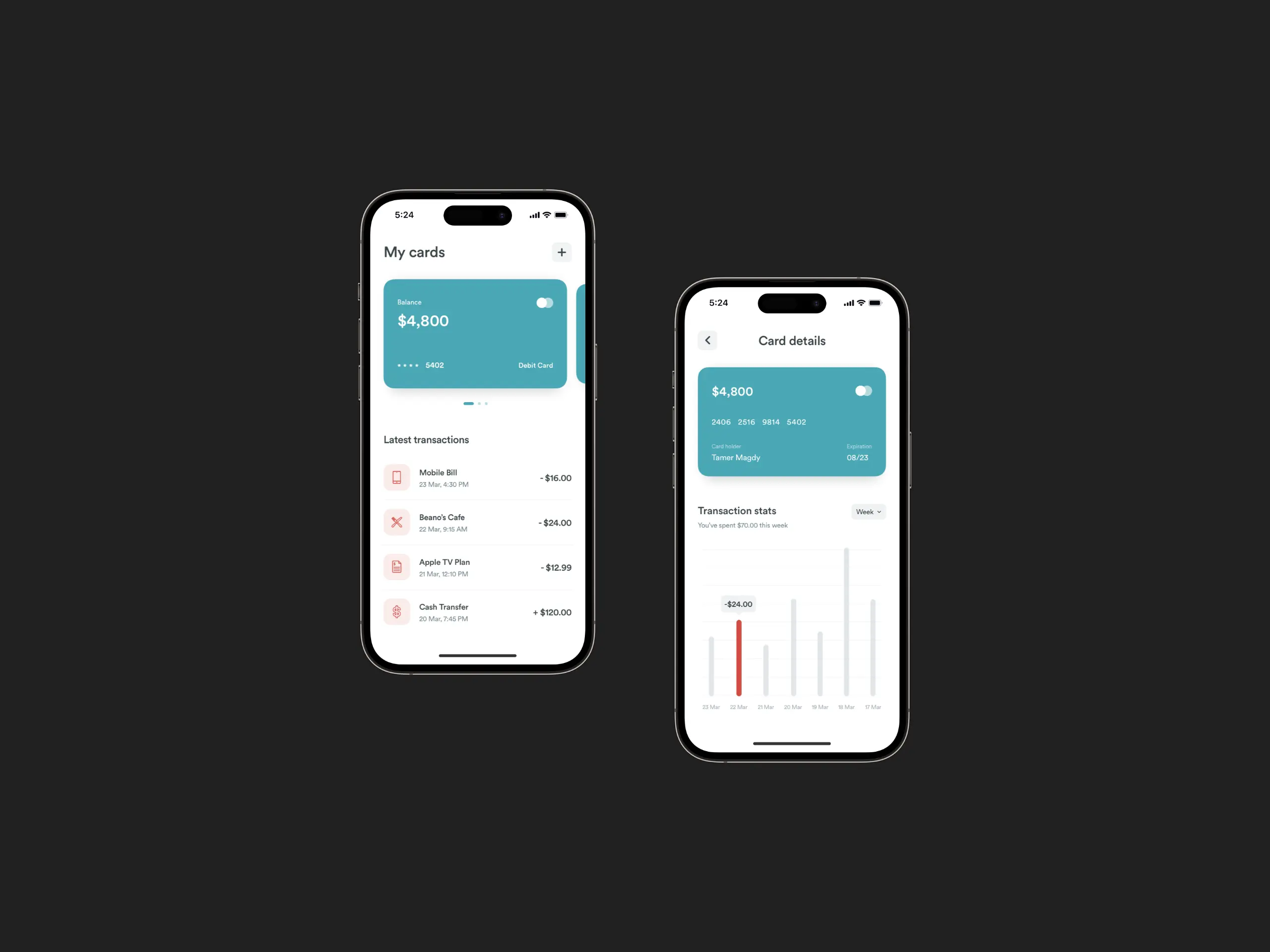 A screenshot of cashless home and card details screens