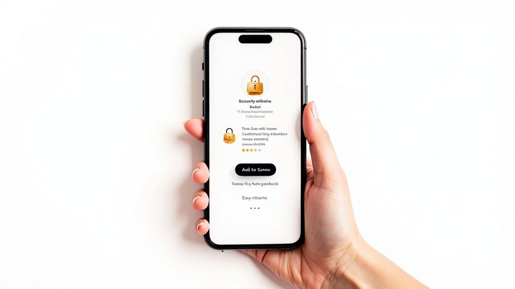 A hand holds a smartphone displaying a mobile app with security padlock icons and text.