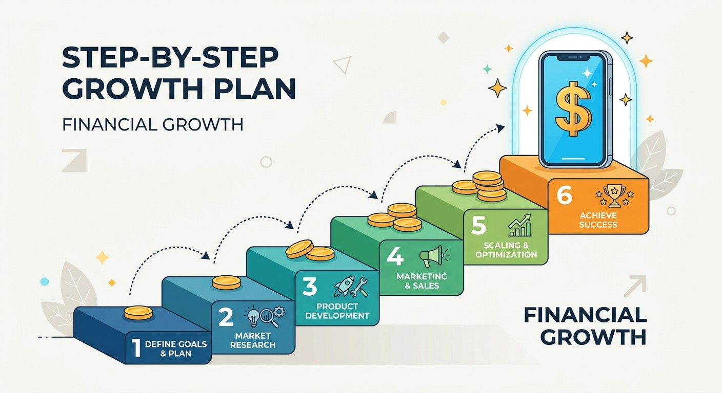 Illustration of a step-by-step plan to grow an app to a few thousand dollars a month