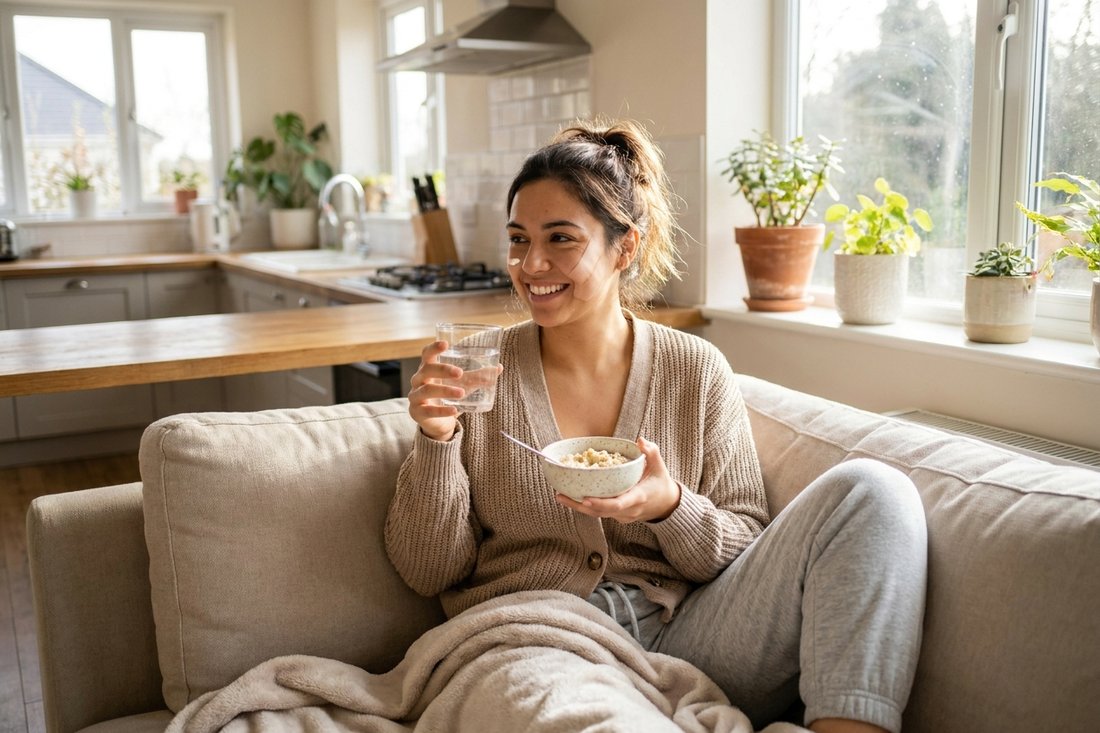 Patient recovering comfortably at home with soft food and water after a root canal