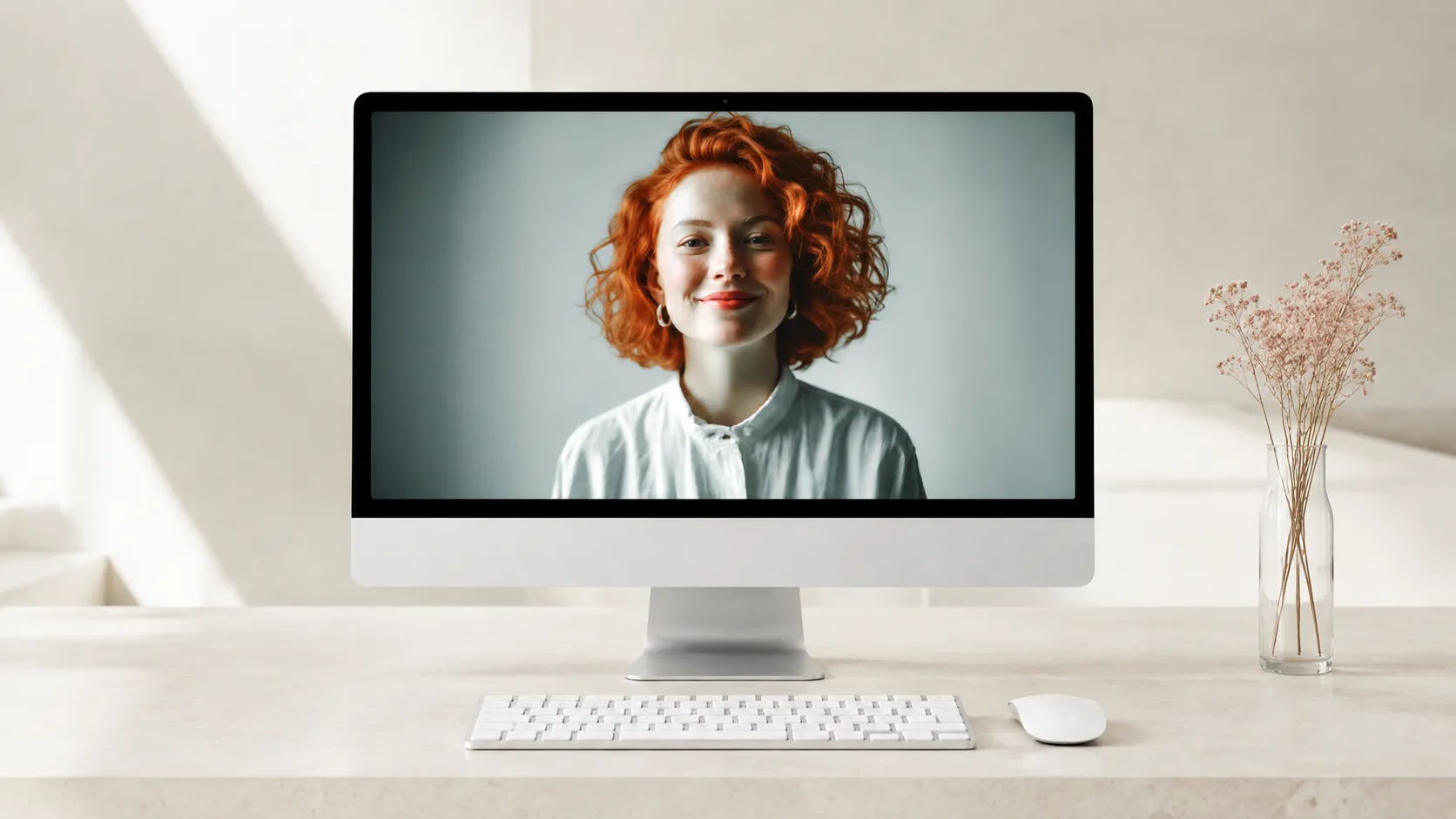 The Frisörerna website displayed on a desktop computer in a bright, minimal workspace.