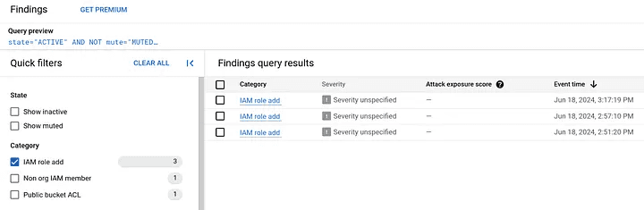 Screenshot of the "Findings" section in Google Cloud Security Command Center. It shows a query result for active, non-muted findings related to "IAM role add." The results include categories, unspecified severity, and event times. Quick filters on the left allow filtering by state and category, such as non-org IAM members and public bucket ACLs.