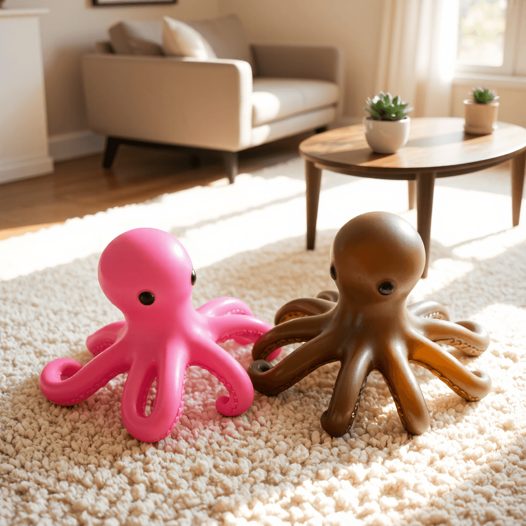 product photography of two colorful octopus-shaped toys, likely for children