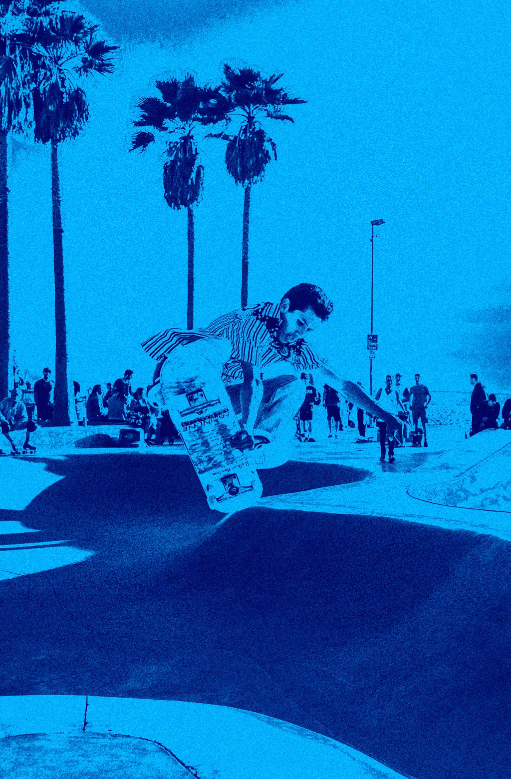 Cyan-filtered photograph of a skateboarder cruising near palm trees.