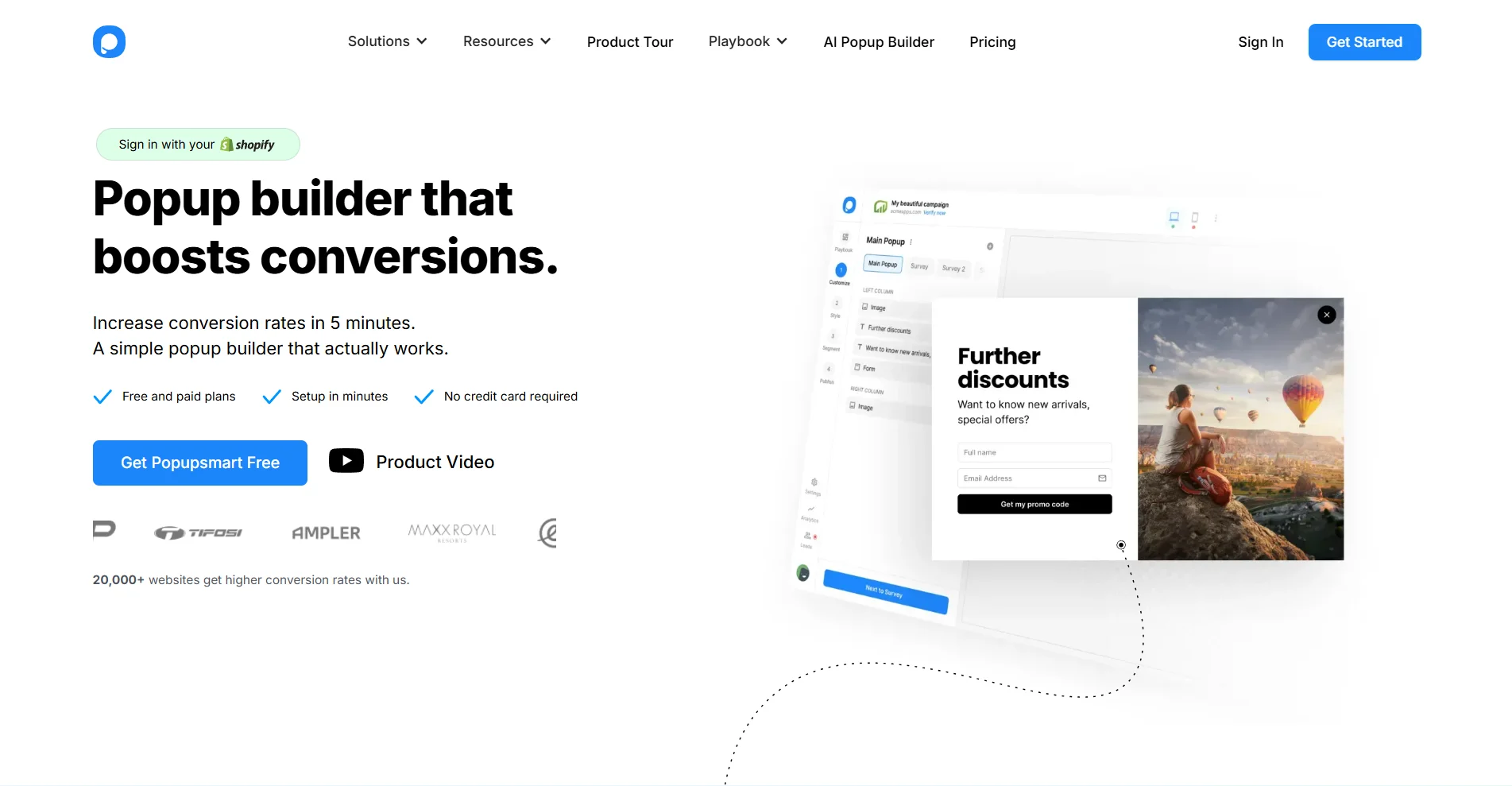 Popupsmart homepage hero section featuring the headline “Popup builder that boosts conversions.”