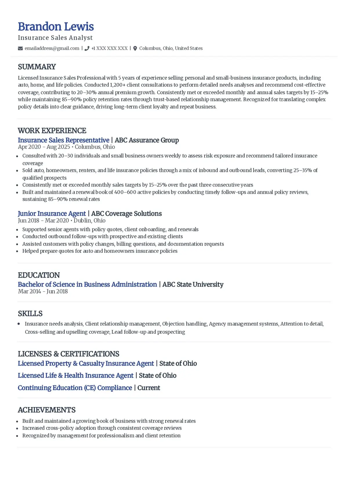 Insurance Sales Resume Example