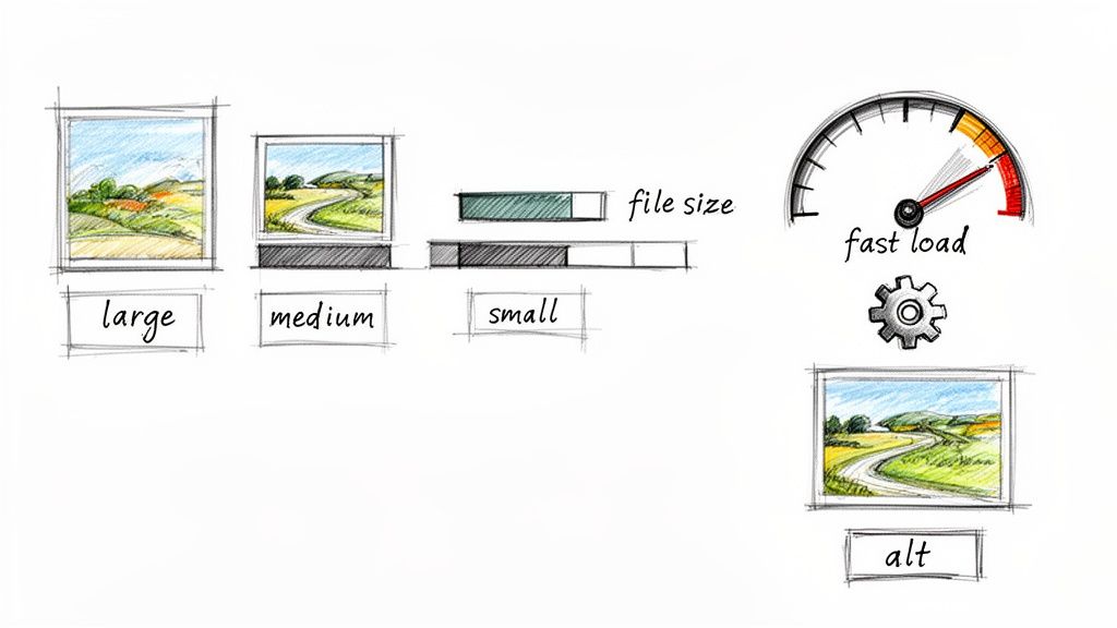 Illustrates image optimization concepts including large, medium, small sizes, reduced file size for fast loading, and alt text.