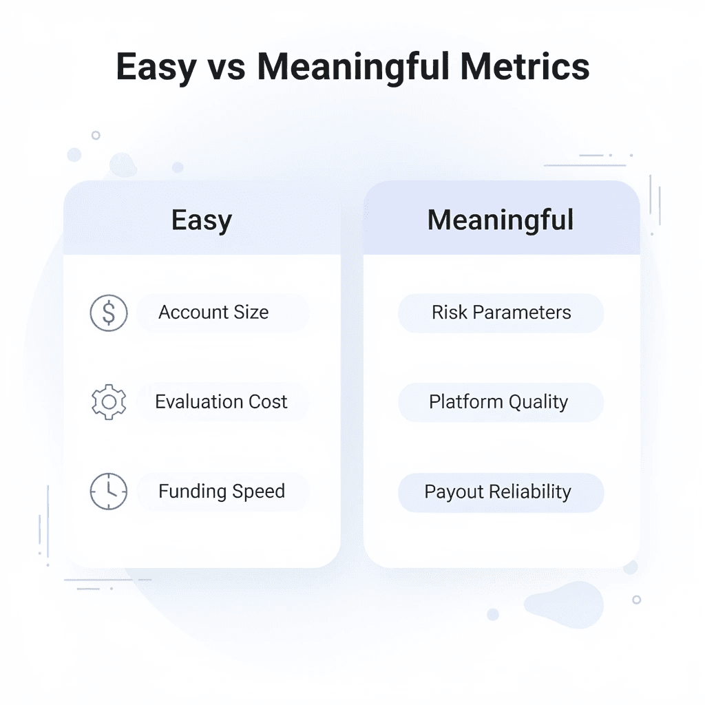 Comparison of easy versus meaningful prop firm metrics - Futures Prop Firms