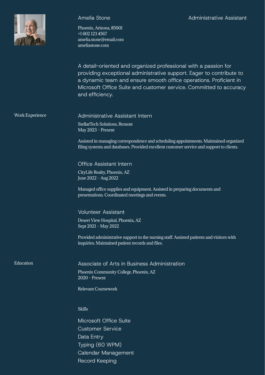 Entry-level administrative assistant resume example focused on transferable skills and education