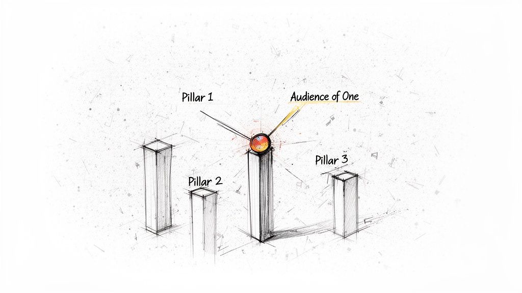 Hand-drawn illustration of three personal brand pillars pointing to a central 'Audience of One'.