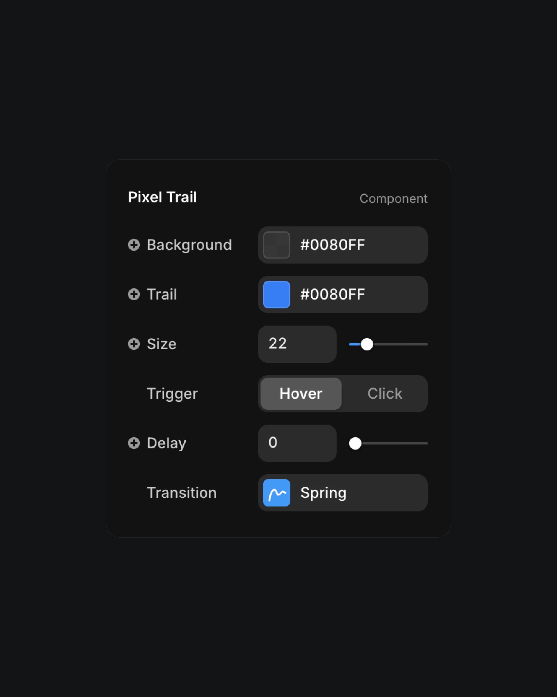 Pixel trail settings: background, trail color, size, trigger, delay, and transition