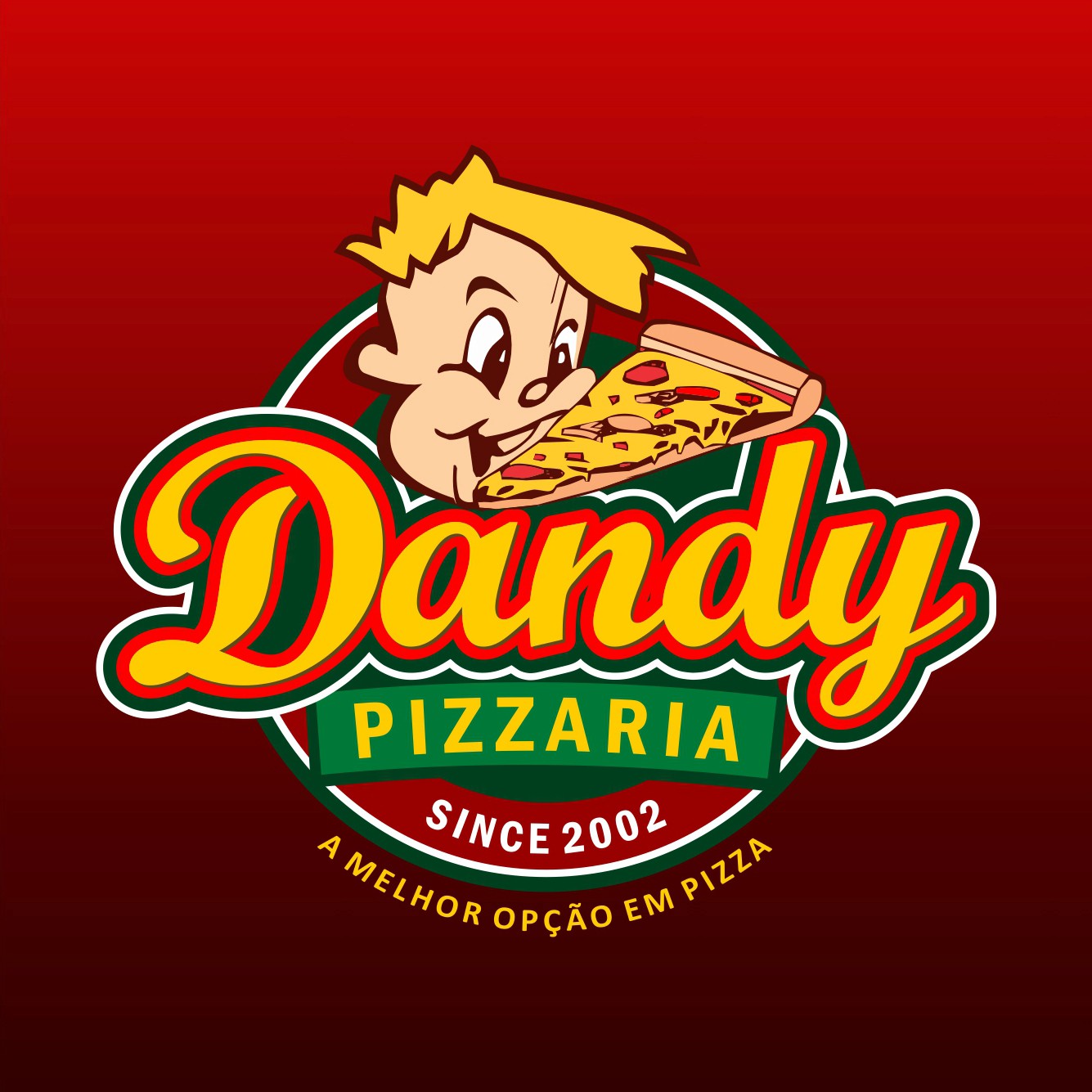 Logotipo da Dandy Pizzaria com mascote segurando fatia de pizza, destacando tradição desde 2002 e pizzas artesanais.