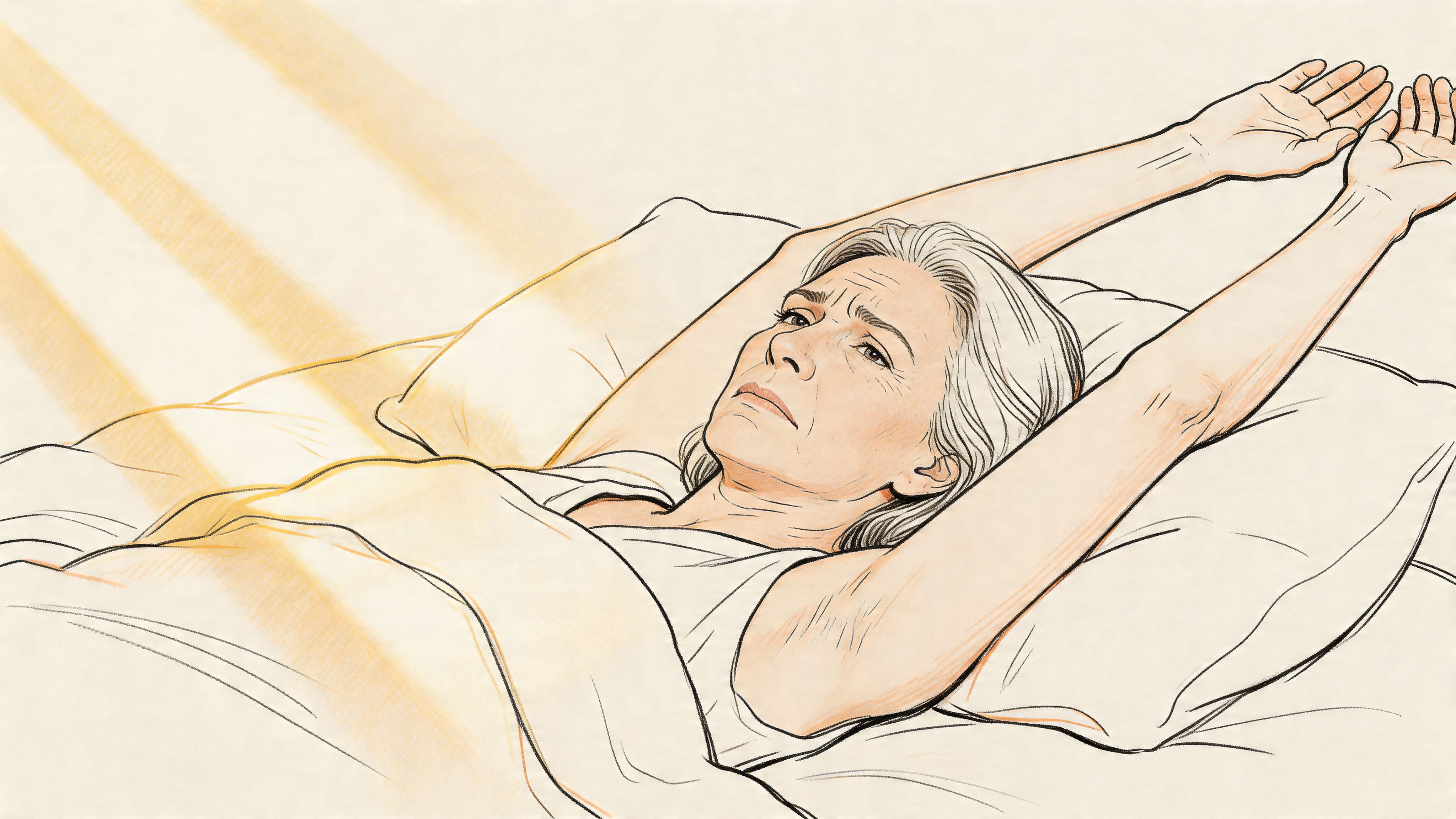 An elderly woman lying in bed stretching her arms while experiencing discomfort or pain in her joints.