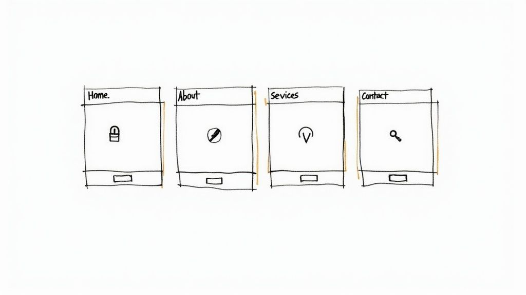 Hand-drawn mobile app wireframes illustrating Home, About, Services, and Contact screens with icons.