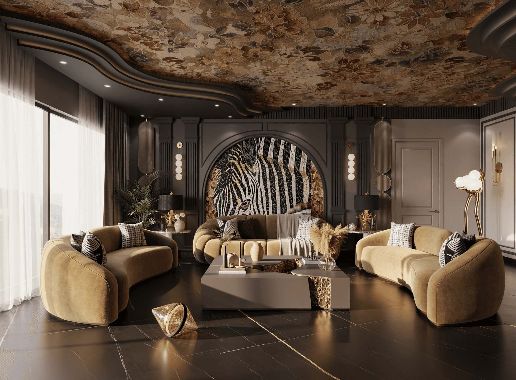 3D visualisation of a dark, moody lounge with curved olive velvet sofas around a gold-textured coffee table, a zebra mosaic in an arched niche, and a floral ceiling.