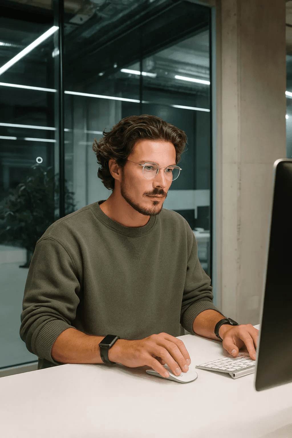 Black industrial sensor device with small photo of man working at computer